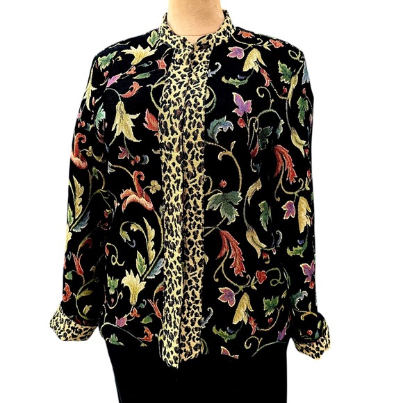 VTG Dark Floral Tapestry Jacket Sz L Fall Leaves Leopard Animal Print White Stag - Picture 5 of 14